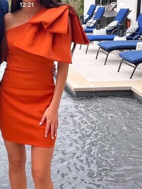 One-Shoulder Orange Bow Mini Dress